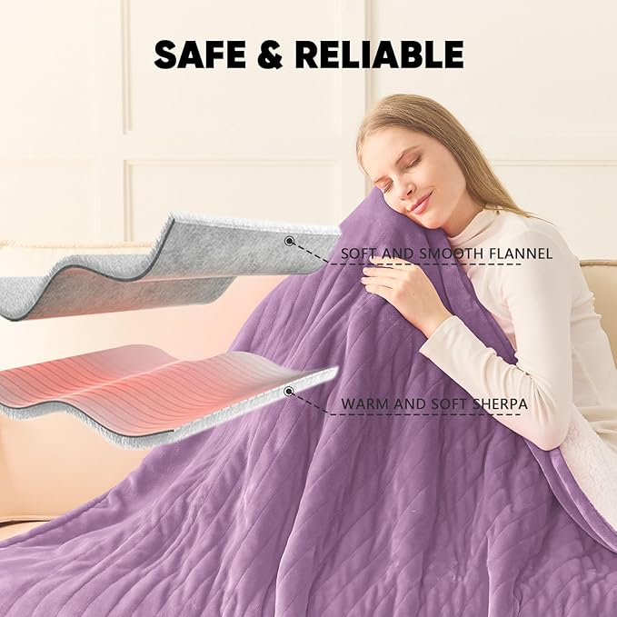greenoak Heated Blanket Electric Full 72"X84", Heating Blankets with 10 Heat Levels 8 Hours Auto-Off, Soft Flannel Sherpa Fluffy House Warming Gifts for Grandma Seniors Momt, Wisteria