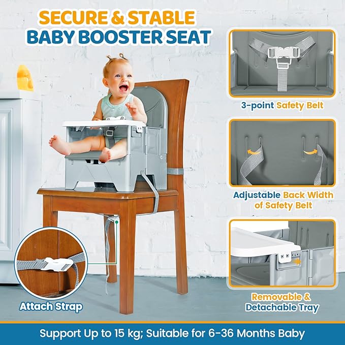 Orzbow Foldable Booster Seat with Soft Cushion, Travel High Chair for Toddlers 6-36 Months, Baby Chair for Dining Table, Camping, Beach, Portable Highchair, Up to 33 lbs Toddler, Grey