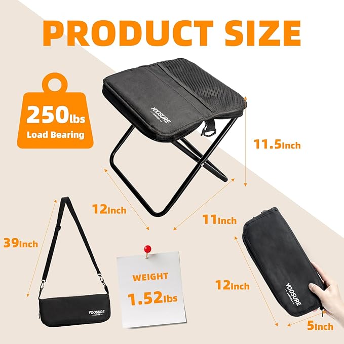 11.5" Tall Compact Collapsible Stool, Portable Folding Camp Stool with 2 Side Pockets, Lightweight Mini Folding Stool for Adults, Small Backpacking Stool for Fishing Hiking Trips (Black)