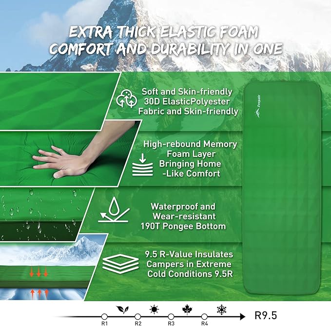 Buheco Sleeping Pad for Camping, Self-Inflating 9.5 R Value 3" Ultra-Thick Memory Foam Comfort Plus Camping Mats for Backpacking Travelling & Hiking Portable Air Mattress for 4-Season Green