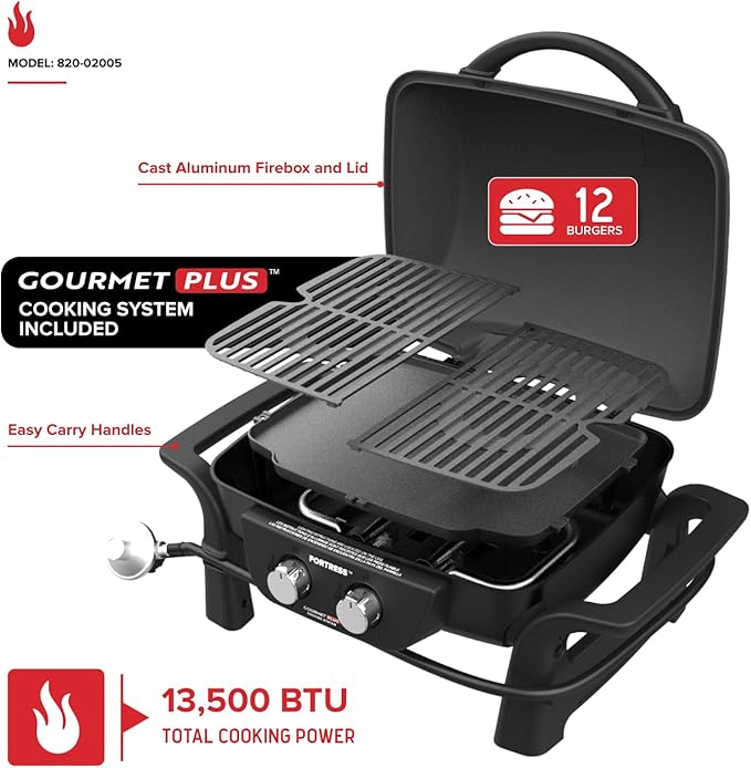 Nexgrill Fortess 2-Burner Portable Gas Grill & Griddle Combo with 263 SQ In Cooking Space, Easy Lift Handles, 13,500 BTU, 2-in-1 Small Tabletop Grill for Camping, Outdoor Cooking, and More - 820-02005