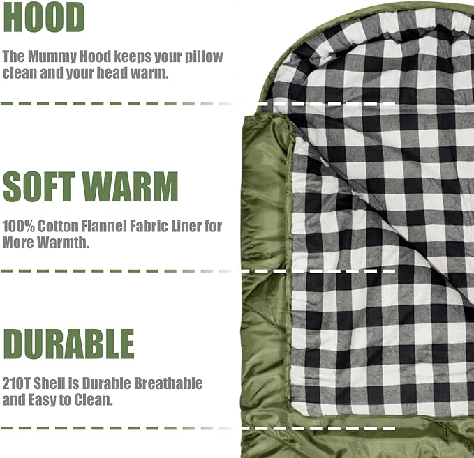 ShinHye 0 Degree Sleeping Bag for Adults - Cotton Flannel 4 Season Cold Weather Winter, XXL Big and Tall Camping Sleeping Bag with Compression Sack