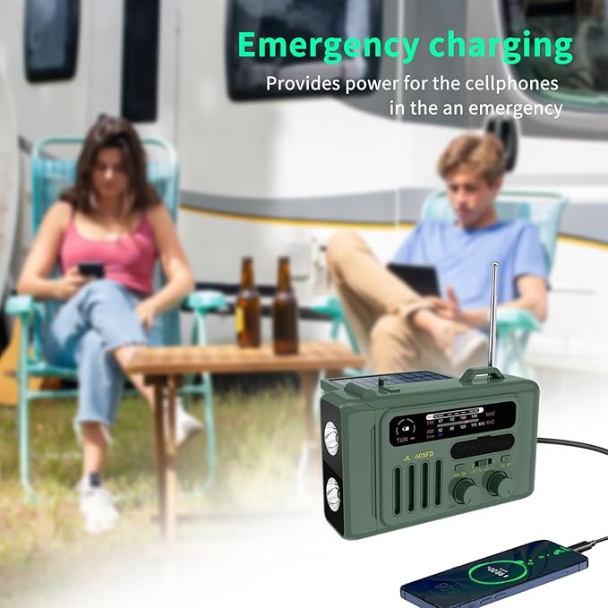 Solar Hand Crank Emergency Radio,NOAA/AM/FM with LED Flashlight & Reading Lamp,USB Type-C/Solar/Hand Crank Charging,Bluetooth Speaker,SOS Alarm&Compass for Camping Indoor Outdoor Emergencies (Green)