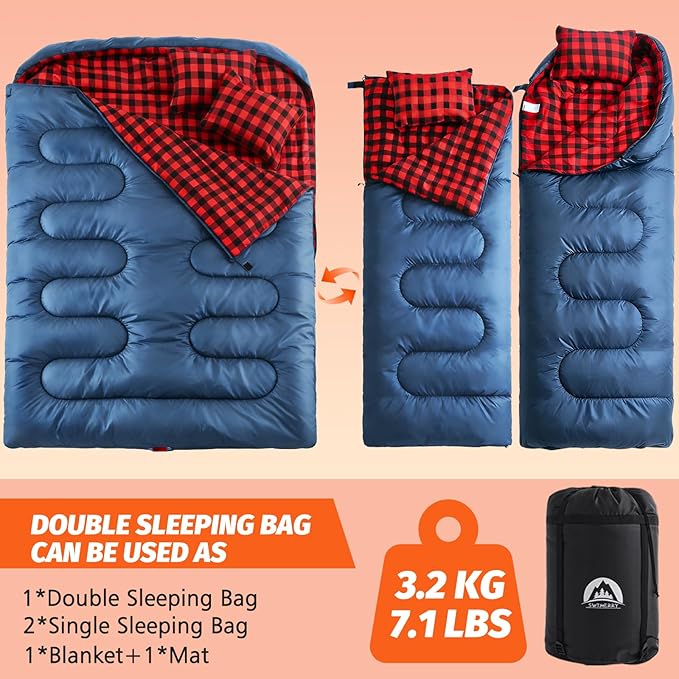 Swtmerry Double Sleeping Bag for Adults with 2 Pillows, Big & Tall Queen Size XL Sleeping Bag for 2 Person, Waterproof & Lightweight Warm for 3 Seasons, Cold Weather,Camping, Hiking & Backpacking