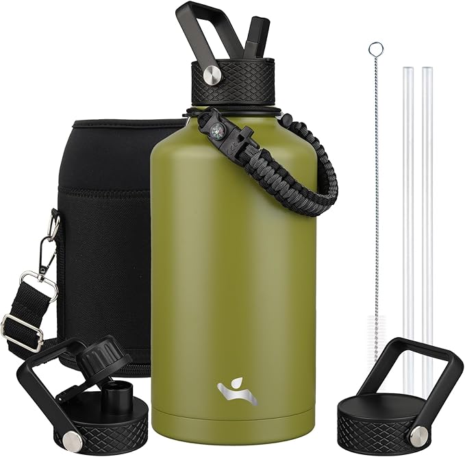 Konokyo Insulated Water Bottle with Straw,87 oz 3 Lids Water Jug with Carrying Bag,Paracord Handle,Double Wall Vacuum Stainless Steel Metal Flask,Forest Green