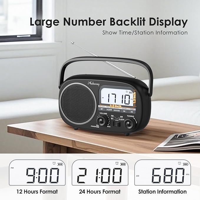 Portable Radio AM FM with Bluetooth,Built-in Rechargeable Battery/Plug in Wall/4*D Cell Battery Operated, Digital Time Display, Transistor Radio for Home,Outdoor,Gift,Seniors Space Black