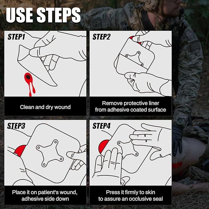 RHINO RESCUE Vented Chest Seal, 4 Vents, Sterile Emergency Trauma Dressing, Occlusive Adhesive Pad, IFAK Trauma Refill Medical First Aid Supplies for Wound Care, Gunshot Wound, Sucking Chest(20 Count)