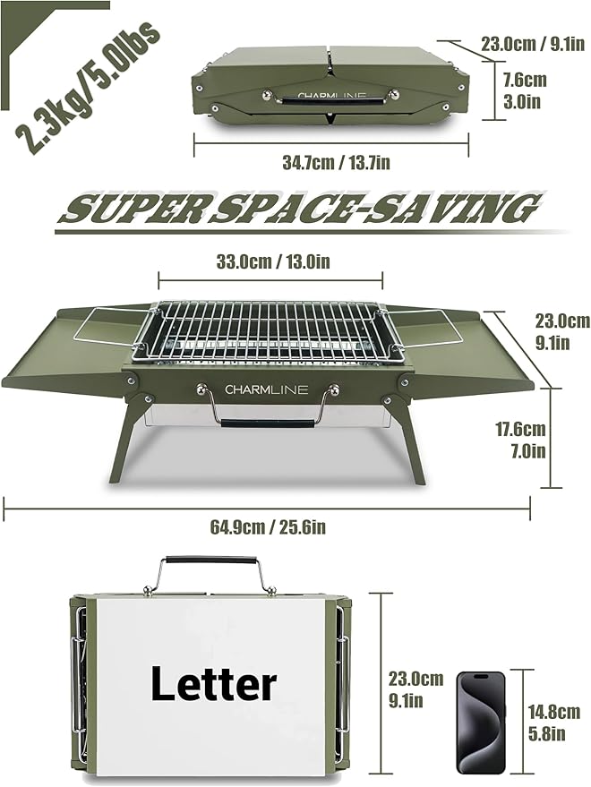 Charmline 14 x 9 inches Portable Charcoal BBQ Grill, Foldable Compact Camping Barbecue for 1–3 People, Ideal for Garden, Beach, Picnic & Tabletop Use, Green