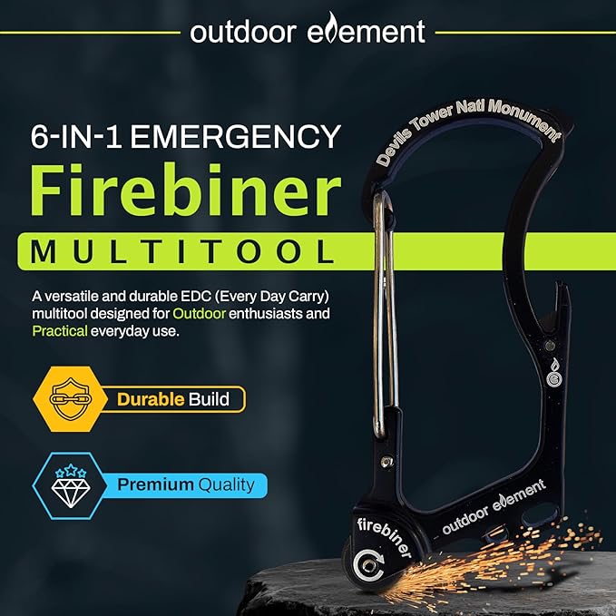 OUTDOOR ELEMENT Firebiner Custom Engraved 6-in-1 Fire Starter Carabiner Multitool – Survival Gear EDC Keychain with Utility Blade, Bottle Opener, Screwdriver, Emergency Tool