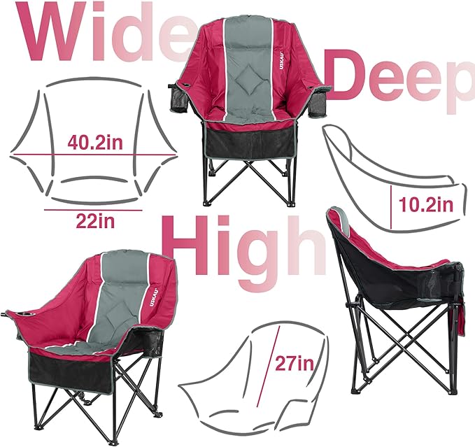 Oversized Camping Chair for Adults - Heavy Duty 400 lbs Padded Folding Chair with Wine Glass Holder, 2 Cup Holders & Side Pockets, Portable Carry Bag for RV, Tailgating, Lawn