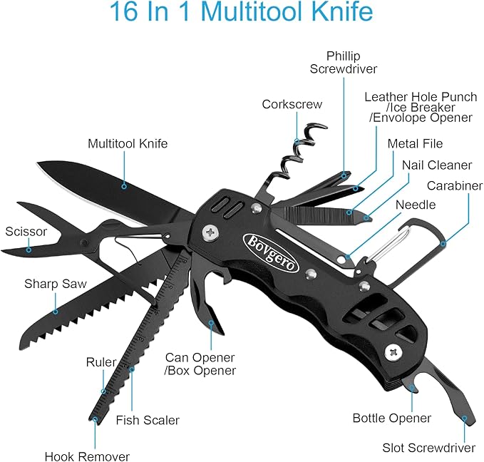 Bovgero Multitool Knife, 16 in 1 Pocket Knife, Handmade Multi Tool Knife, Birthday Christmas Gift for Men Women Him Her Boyfriend Girlfriend Dad Husband, Black