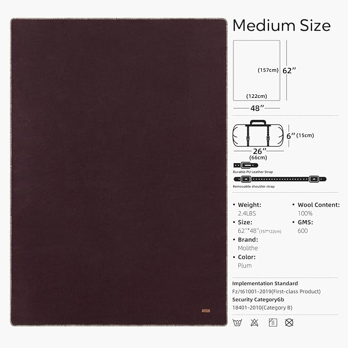 Molithe 100% Wool Blanket, 48" x 62", Warm, Thick, Washable, Military Wool Blanket, Great for Camping, Outdoors, Sporting Events, Survival Kits, Plum