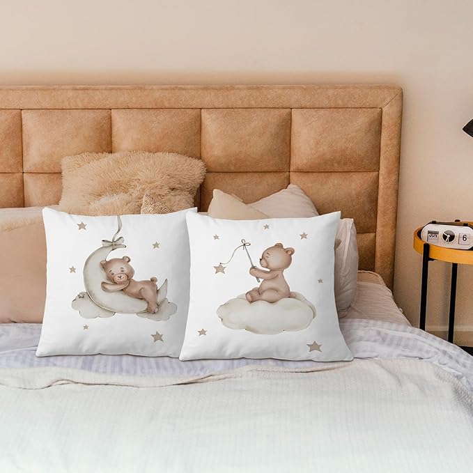 SPBL&L Baby Bear Pillow Covers 18x18, Bear Nursery Decor, Woodland Animals Nursery Decor for Boys Girls, Cute Baby Bear Moon Decorative Pillow Covers for Toddler Kids Room Playroom Nursery, Set of 2