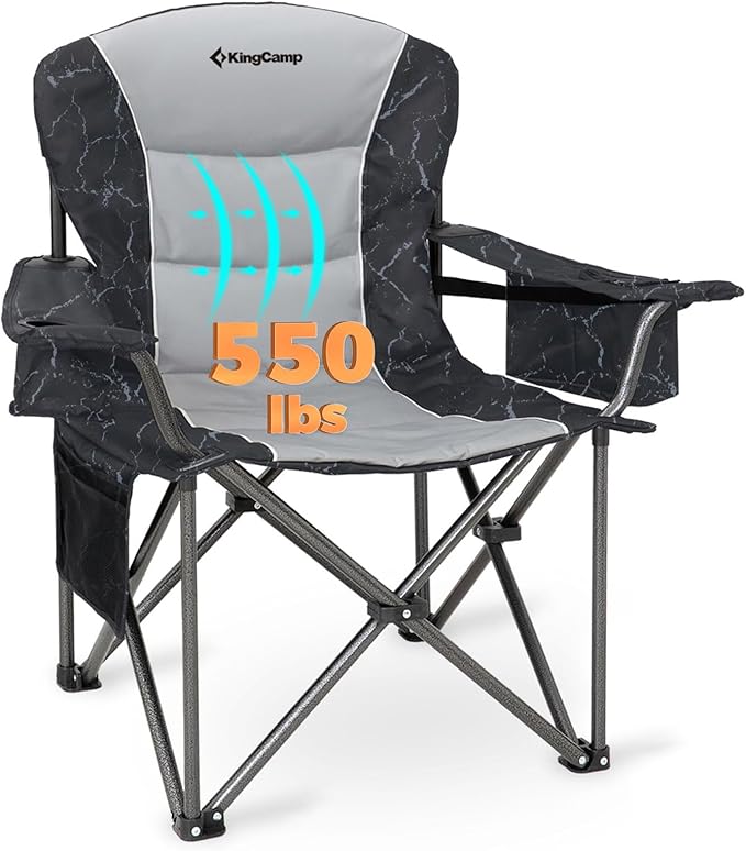 KingCamp Oversized Camping Chair with Adjustable Lumbar Support, 550lbs Heavy Duty Padded Folding Lawn Chair for Adults, Outdoor Armchair with Cooler Bag, Cup Holder & Side Pocket for Fishing, Travel