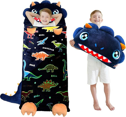Kid Sleeping Bag with Pillow - Larger Nap Mat - Plush Slumber Bag for Boys Girls Daycare Preschool Kindergarten Birthday Gift Travel Sleepover Ages 3-12 Years