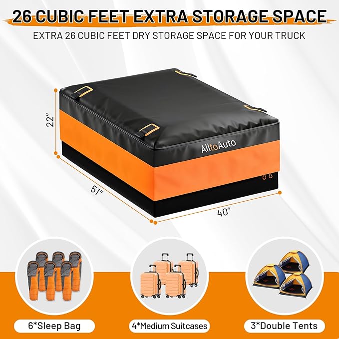 [High Visibility] Waterproof AlltoAuto Truck Bed Bag with Orange Safety Trim, 26 CuFt Heavy Duty Cargo Carrier for Pickup Truck, Weatherproof Storage Bag for Camping & Road Trips