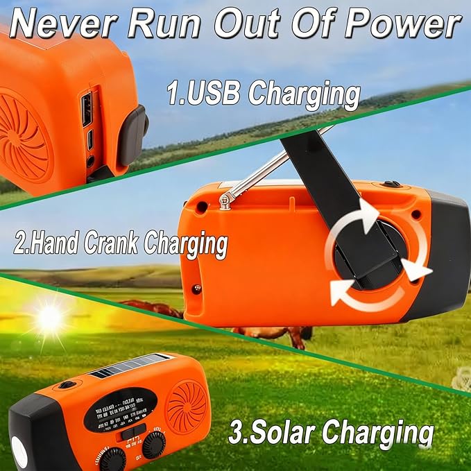 Emergency Weather Radio, 2000mAh Solar Hand Crank Portable AM/FM NOAA Radio, Battery Powered with Cell Phone Charger, LED Flashlight, SOS Alarm for Camping & Home Emergencies (Orange)