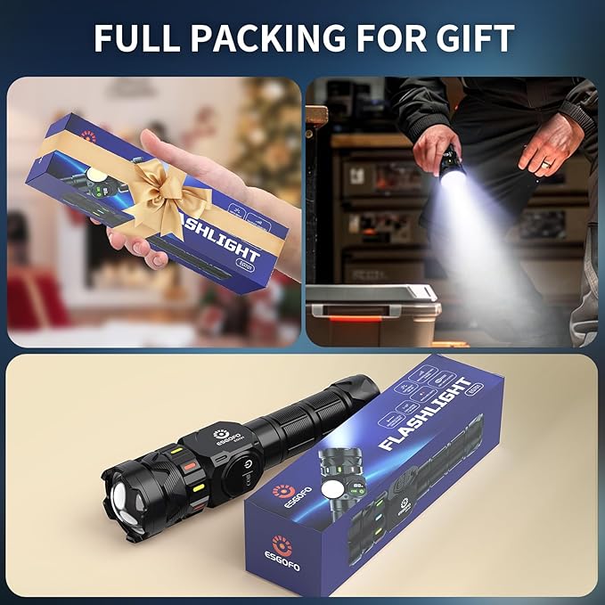 Esgofo Rechargeable Flashlights High Lumens 100000 Long Lasting LCD Display, Super Bright 50W LED, Quick USB C Charge & Output, Double Source & Buttons with Red Light, for Home Camping Hiking