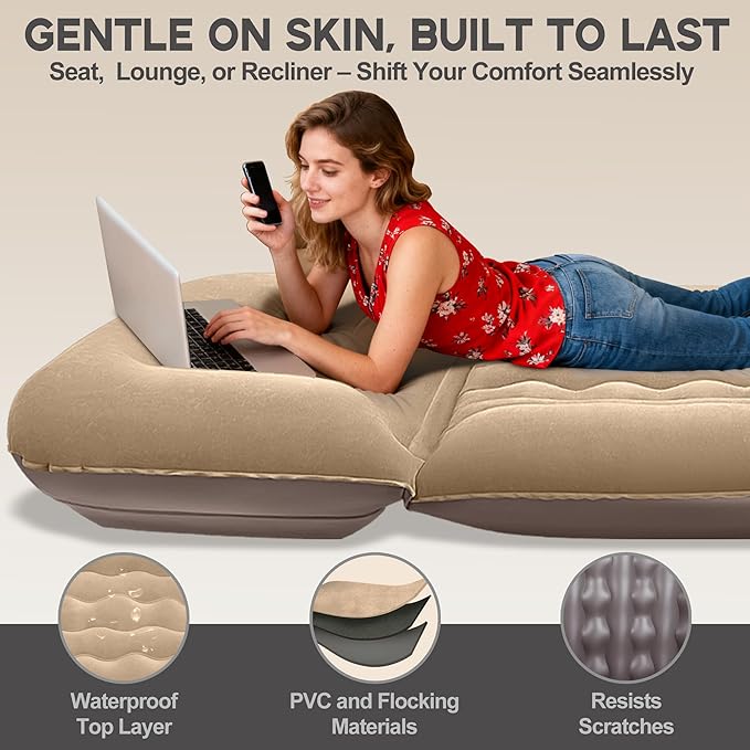 Luxfero Inflatable Couch for Camping, Air Mattress with Adjustable Backrest, Blow Up Couch for Adults with Flocked Surface, Portable Inflatable Lounge Chair, Air Sofa Bed for Indoor/Outdoor-No Pump