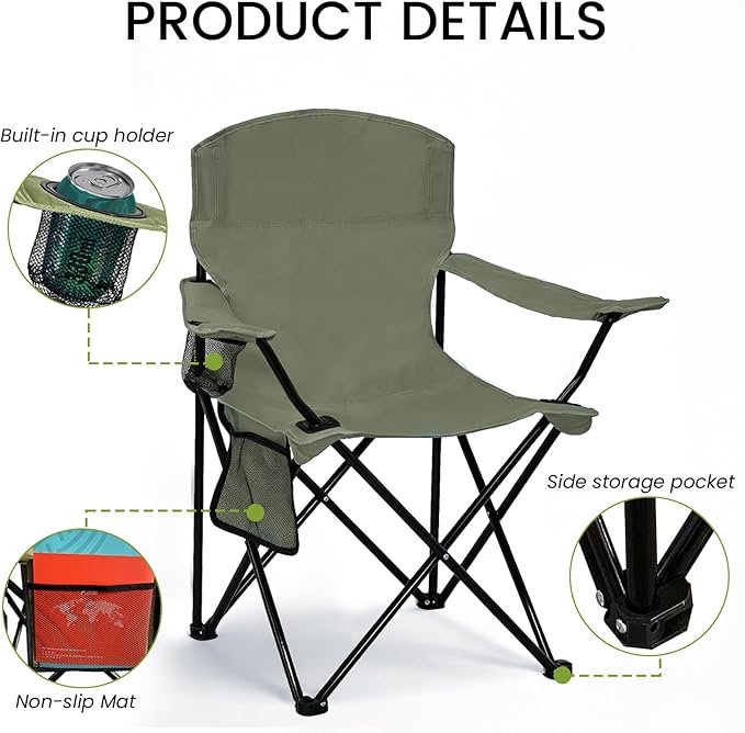 2 Pack Folding Camping Chair with Cup Holder & Side Storage Bag 300lbs Capacity Lightweight High Back Portable for Beach, Picnic, Sport, Green