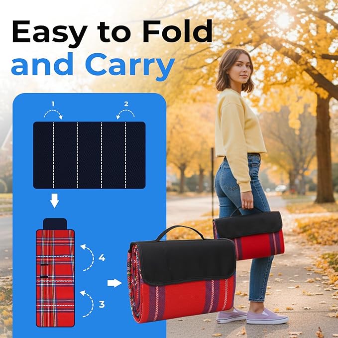 scuddles Extra Large Picnic Blanket – 59" x 53" Waterproof & Sandproof Outdoor Mat with Soft 3-Layer Comfort, Foldable Design & Carry Strap for Beach, Camping, Travel, Parks & Family Picnics