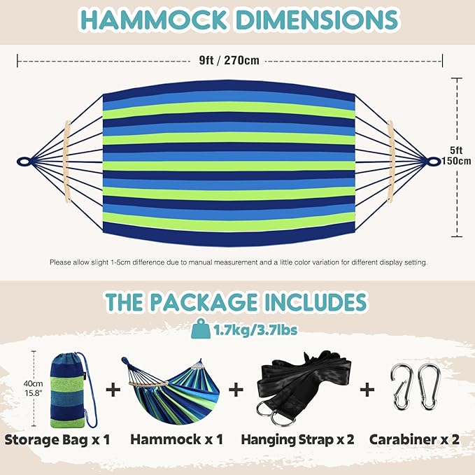 Anyoo Garden Cotton Hammock Comfortable Fabric Hammock with Spreader Bar Sturdy Hammocks Up to 450lbs Portable Lightweight Hammocks with Travel Bag for Camping Outdoor/Indoor Patio Backyard