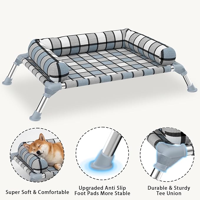 Elevated Pillow Bolster Dog Bed - Raised Dog Beds with Bolster Portable Lifted Washable Pet Cot Bed with Stainless Steel Frame Dogs Hammock Bed for Indoor & Outdoor (Bolster S)
