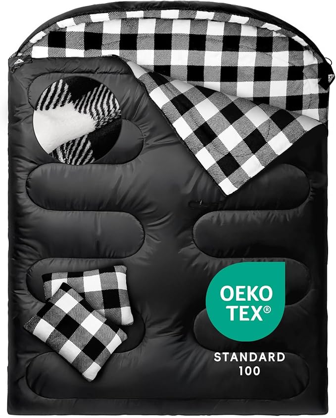 MEREZA Flannel Double Sleeping Bag for Adults Cold Weather, XL Queen Size Sleeping Bag for All Season 2 Person Big and Tall Sleeping Bags for Camping 0 Degree with Pillow