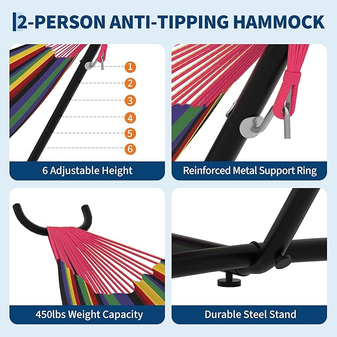 Double Hammocks with Stand for Outside, Portable Space Saving Heavy-Duty Steel Stand for Indoor Outdoor Patio with Carrying Bag, 450 lbs Capacity
