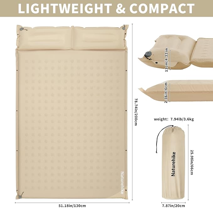 Naturehike Connectable Double Self Inflating Sleeping Pad, 2.36" Memory Foam Camping Pad, Backpacking Camping Mattress Pad for Tent, Travel, Car, Hammock
