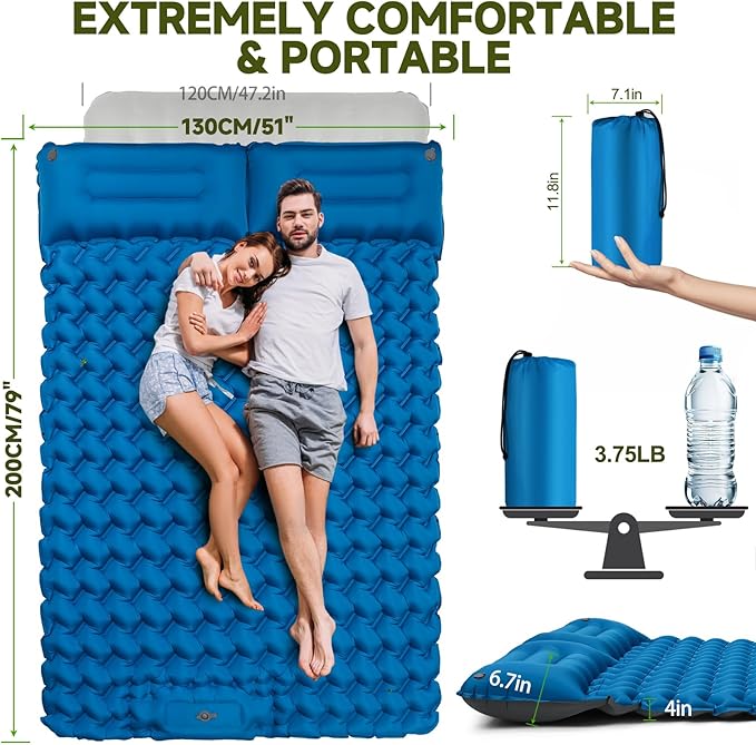 Double Camping Sleeping Pad, 4" Extra Thick 2 Person Inflatable Sleeping Pad with Built-in Foot Pump & Pillow, Ultralight Self Inflating Camping Mattress for Tent, Backpacking, Hiking, Travel, RV