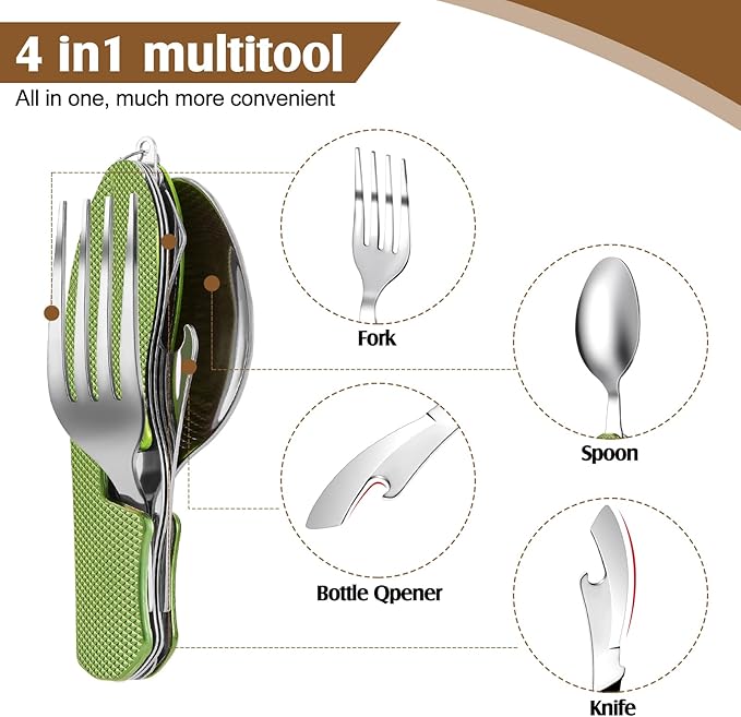 Folding Camping Utensil Set – Stainless Steel Spoon, Fork, Knife & Bottle Opener – Portable Outdoor Tableware, Backpacking Cutlery in Red, Green, Blue, Black, Gold(5 Pcs)