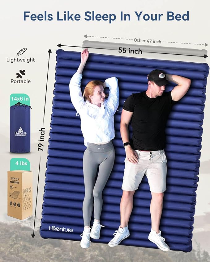 Hikenture Double Sleeping Pad for Camping, Ultralight 4" Extra-Thick Camping Mattress 2 Person, Inflatable Backpacking Sleeping Mat, Hiking Air Mattress for Tent (Navy Pumpsack 79x55in)