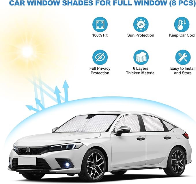 XCBYT 2021-2024 Civic Full Coverage Window Shades | 6-Layer Blackout Insulated Sun & UV Protection | Custom Fit Privacy Covers for Camping, Sleeping & Car Living (8 PCS)