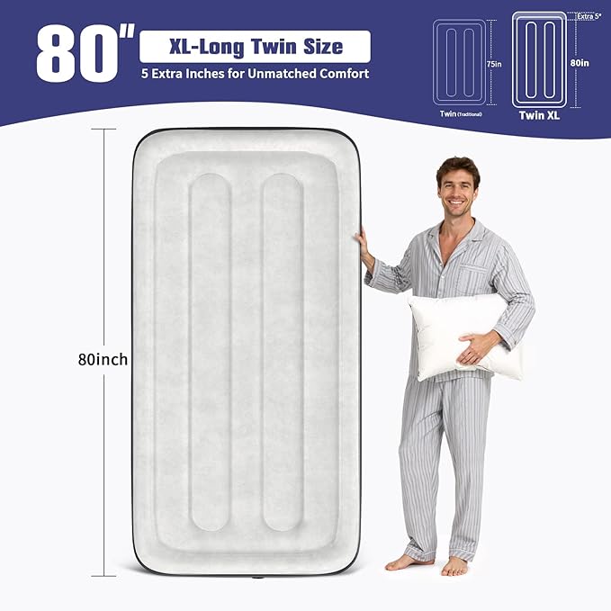 VOSSER Twin XL Air Mattress with Built in Pump Raised,80" Long,Upgraded 18''Inflatable Mattress,Self Inflatable Blow Up Mattress in 2 Mins,Twin Size Air Mattress with Carry Bag for Home,Camping