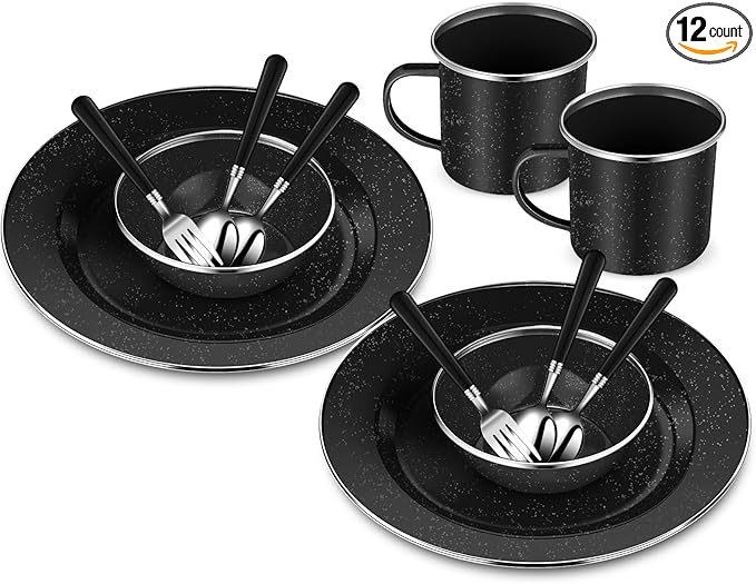 Nuogo 12 Pcs Enamel Camping Tableware Set Dinnerware Kit Includes 12 oz Coffee Mugs Camping Plates Bowls and Utensils Set with Knife Fork Spoon for 2 People Hiking Picnic Outdoor