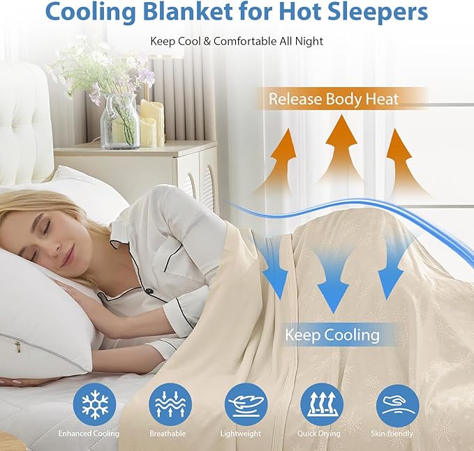 OIGAE Cooling Blanket for Hot Sleepers - Soft & Lightweight Summer Cold Blanket for Night Sweats | Perfect for Bed, Couch, Sofa (Beige, Throw 50'' x 70'')