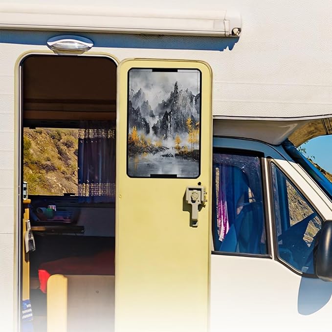 RV Door Window Shade Cover with Landscape Print, Foldable Travel Trailer Motorhome Rv Screen Door Protector, Sun Shade Windshield Blackout Shower Curtains Coverage Accessories