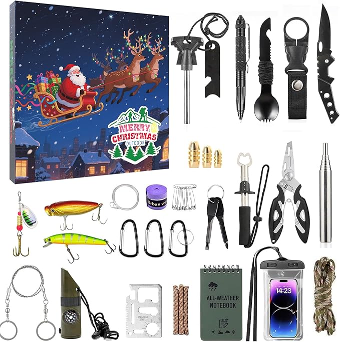 Survival Kit for Teen Men Dad Husband, 24 in 1 Emergency Survival Gear and Equipment, Tactical Tools for Outdoor Camping Fishing Hunting Adventure, Cool Birthday Idea