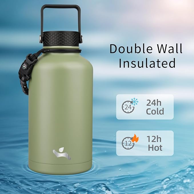 Konokyo Half Gallon Insulated Water Bottle with Straw,64 oz 3 Lids Water Jug with Carrying Bag,Paracord Handle, Double Wall Vacuum Stainless Steel Metal Flask,Camp Green