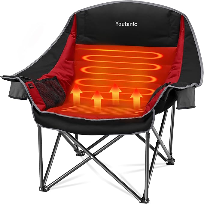 Youtanic Heated Camping Chair, 3 Heat Levels Oversized Padded Lawn Chair with Side Pockets and Cup Holder, Outdoor Heating Folding Camp Chair for Adults, Fishing, Sports, Picnic, up to 500lbs, Style 2
