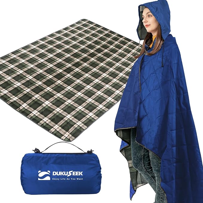 DUKUSEEK Hooded Outdoor Blanket, Waterproof Camping Blanket, Quilted, Thick Fleece, Warm, Windproof, Sand Proof, Portable and Wear-Resistant, Perfect for Stadium, Picnic, Camping