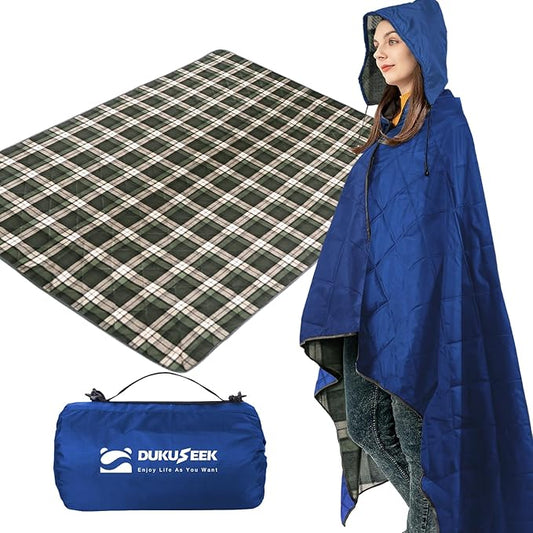 DUKUSEEK Hooded Outdoor Blanket, Waterproof Camping Blanket, Quilted, Thick Fleece, Warm, Windproof, Sand Proof, Portable and Wear-Resistant, Perfect for Stadium, Picnic, Camping