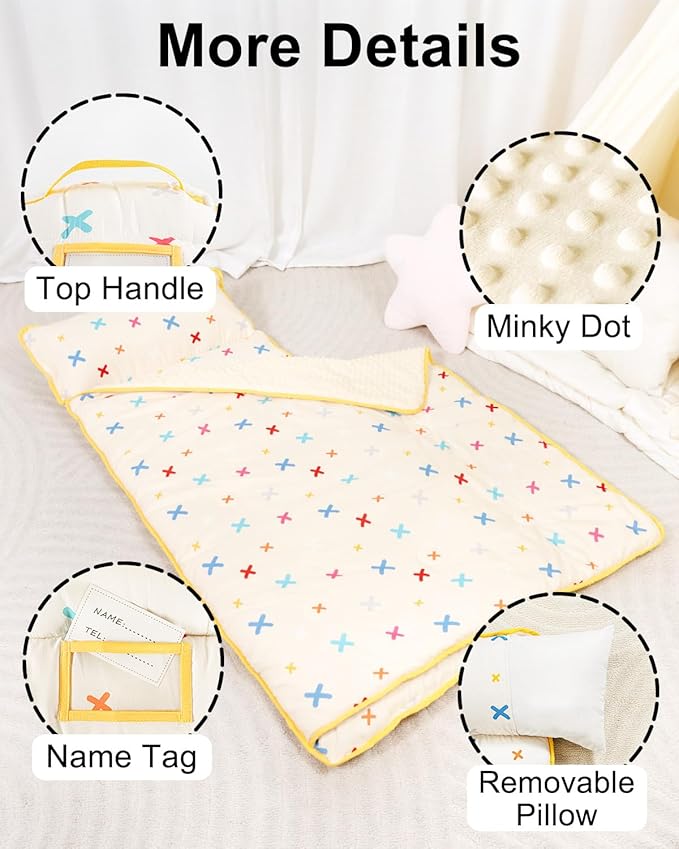 Primlect Thickened Toddler Nap Mat with Removable Pillow and Minky Blanket, Extra Large 55''x35'' Sleeping Bag, Washable, Roll up, Perfect for Daycare, Preschool, Kindergarten, Boys and Girls Beige