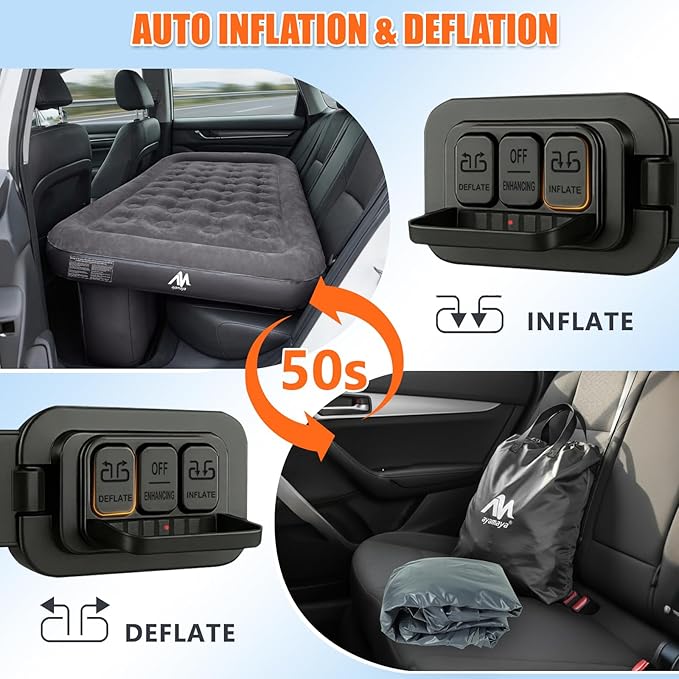 AYAMAYA Car Air Mattress Back Seat, Inflatable Car Bed with Built-in Cordless Rechargeable Air Pump for SUV, Sedan, All-in-One Car Mattress with Pillow & Support Column for Camping, Road Trip, Travel