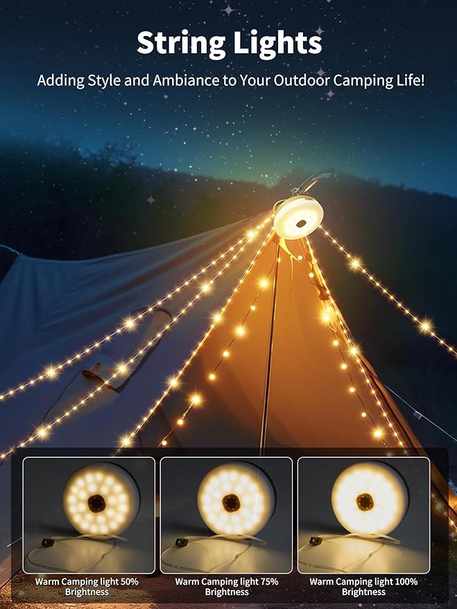 Upgraded Solar Camping String Lights, 33FT Retractable Colored Fairy Solar String Lights Camping with Snap Portable Hanging Tent Lantern for Awning Garden Yard Party Decor