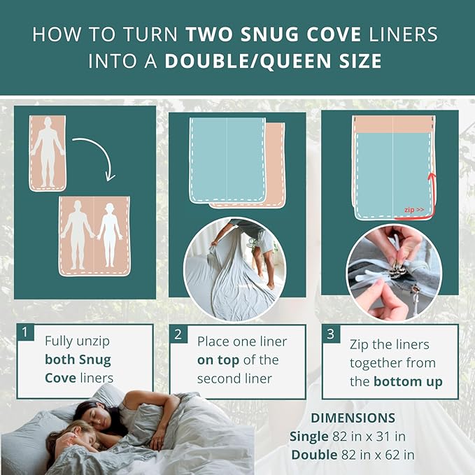 Soft Cotton Sleeping Bag Liner – 100% Organic Jersey Cotton Travel Sheet with Full Zipper, Lightweight Camping Sheet for Hotel & Travel, Single or Double Convertible Stretchy Sleep Sack for Adults