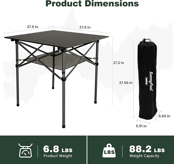 SUNNYFEEL Aluminum Folding Table for Camping, Lightweight Roll Up Top, Portable Camp Tables with Carry Bag for Outdoor Picnic (Square, Brown)