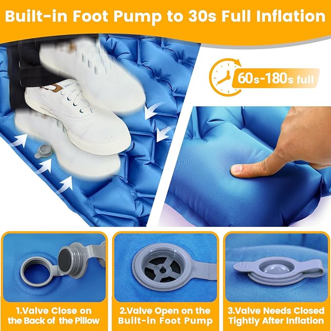 Sleeping Pad for Camping 2 Person, Double Camping Pad with Built-in Foot Pump and Pillow, Inflatable 4in Extra-Thick Ultralight Air Mattress for Backpacking, Hiking, Travel, Tent, Car, Gift