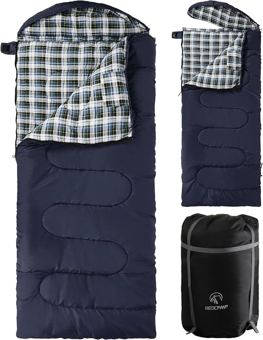 REDCAMP Flannel Sleeping Bag for Adults, Comfortable Cotton Sleeping Bags for Camping with Detachable Hood, Red/Grey/Blue/Black